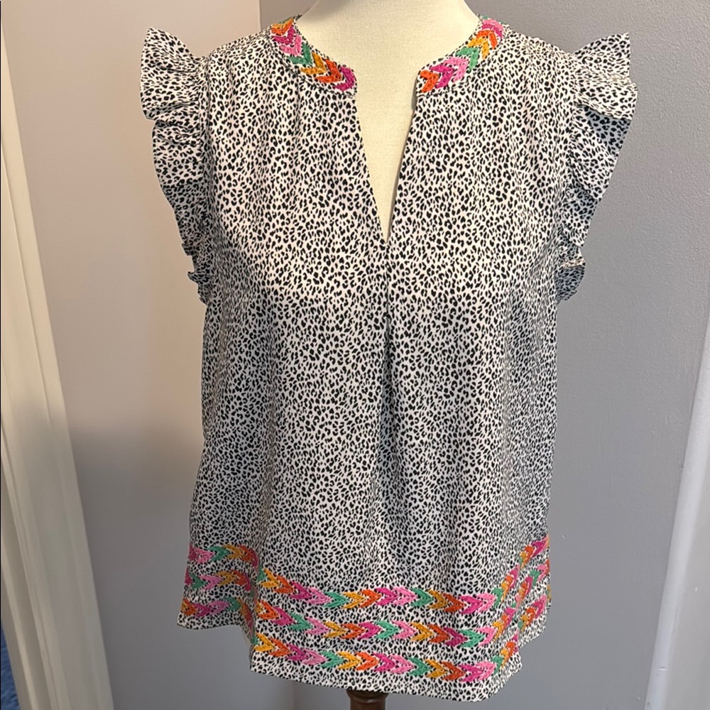 THML Black and White Ruffled Blouse with Mandarin Collar
